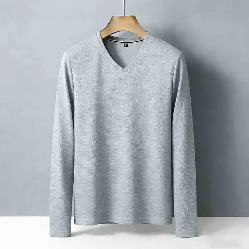 Minimalist Men's V-neck Long Sleeve T-shirt Soft Knitted Fabric Comfortable Top for All Seasons