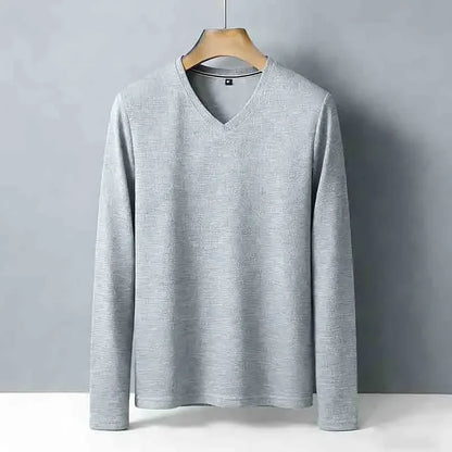 Minimalist Men's V-neck Long Sleeve T-shirt Soft Knitted Fabric Comfortable Top for All Seasons