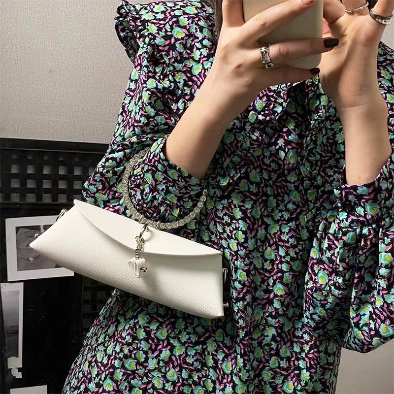 Clutch Bag Luxury Designer Handbag for Women 2025 with Chain Metal Ring Handle PU Leather Rhinestones Purses Shoulder Bag