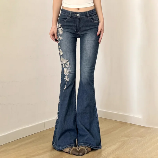 Retro Y2k Jeans Baggy Floral Embroidery Jeans Women Vintage 2000s Low Rise Flared Denim Pants High Street Basic Trousers