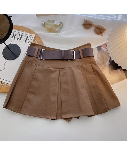 Girls Pleated Skirt Brown Casual All-match Cargo Skirt for Kids 3-13 Years Children Short A-line High Waist Tutu Skirt with Belt