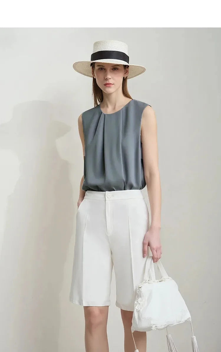 Sleeveless Women's Blouse 2026 Summer O-Neck Asymmetric Chiffon Top For Women Elegant Pleated Office Flowy Shirt 12642060