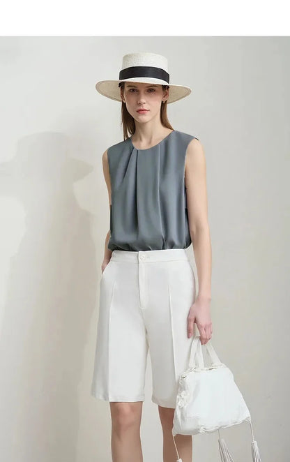 Sleeveless Women's Blouse 2026 Summer O-Neck Asymmetric Chiffon Top For Women Elegant Pleated Office Flowy Shirt 12642060