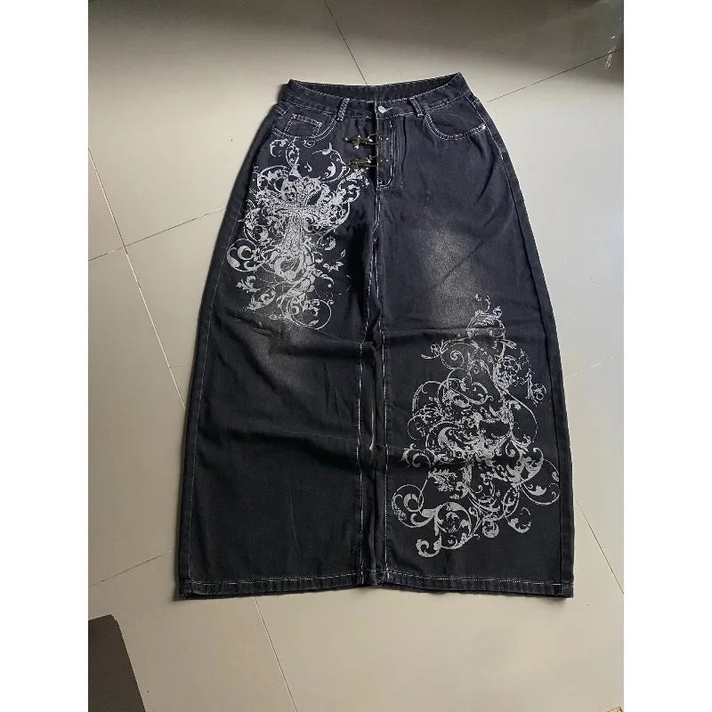 Vintage Printing Baggy Jeans Y2K Harajuku Trend Men and Women Hip Hop Fashion Casual Joker Couple Wide-leg Pants Streetwear New