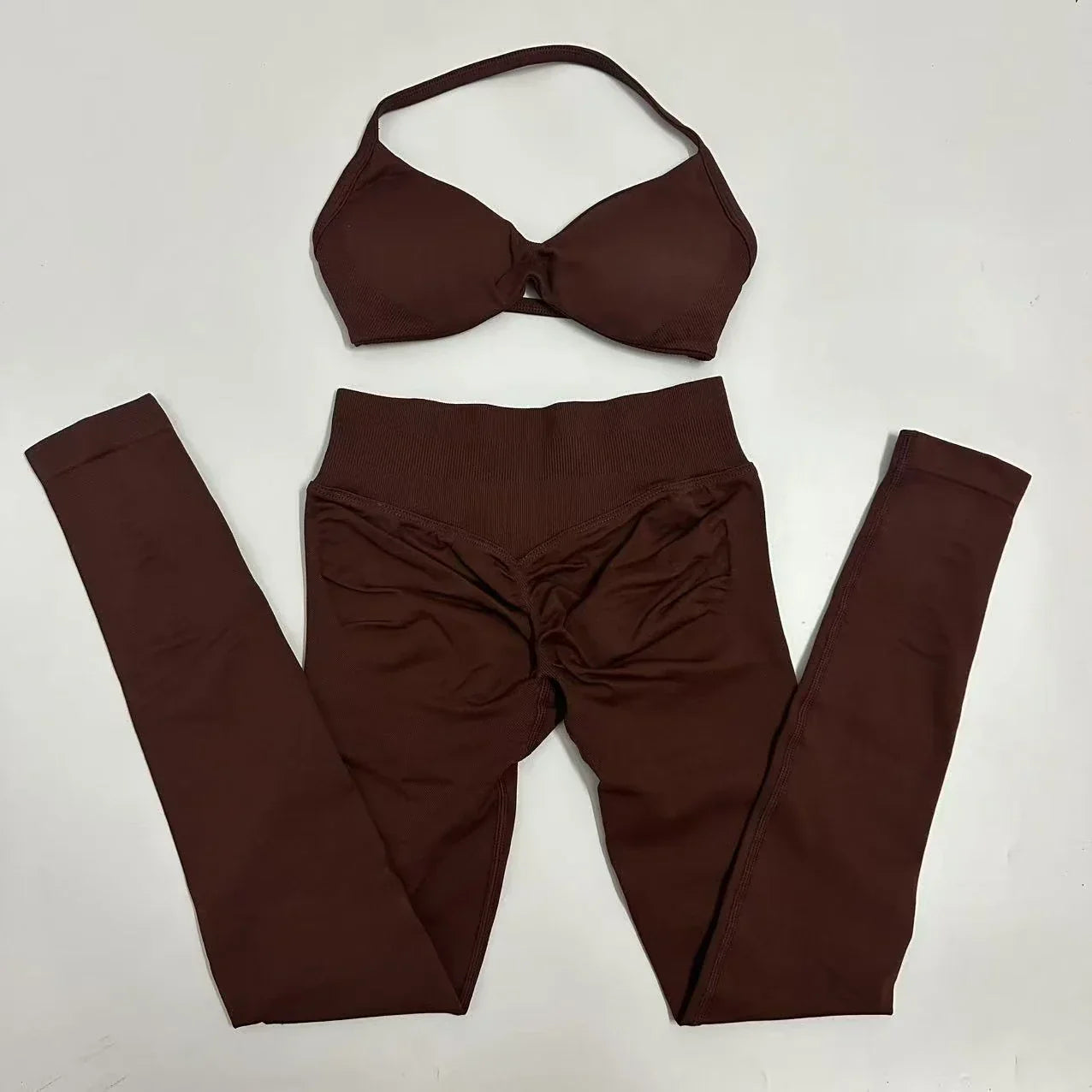 2pcs Seamless Yoga Set Women Yoga Scrunch Leggings Set Strappy Halter Sports Bra Fitness Gym Clothing Workout Set