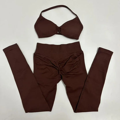 2pcs Seamless Yoga Set Women Yoga Scrunch Leggings Set Strappy Halter Sports Bra Fitness Gym Clothing Workout Set