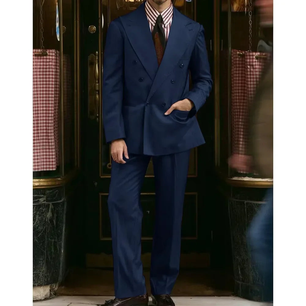 Men's Khaki Suit 2 Piece Set Double Breasted Peak Lapel Blazer Straight Leg Pants Fashion Formal Outfit Business Casual Wedding