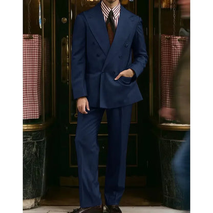 Men's Khaki Suit 2 Piece Set Double Breasted Peak Lapel Blazer Straight Leg Pants Fashion Formal Outfit Business Casual Wedding