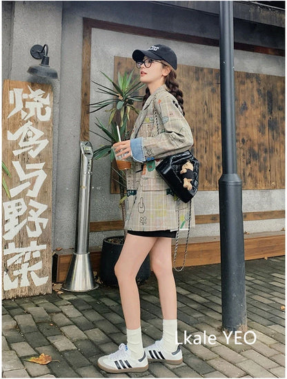 Women's Blazer Jacket 2025 Spring Autumn Fashion Graffiti Printed Ladies Lattice Suit Coat Casual Korean Version Lady Outerwear