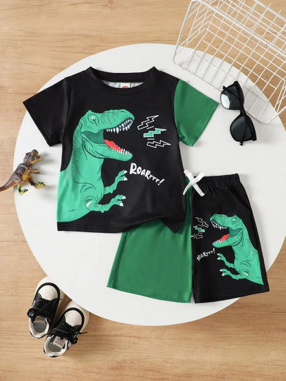 Summer Boys Clothes Set Dinosaur Print Color Block T-shirt Shorts 2Pcs 1-8 Years Toddler Kids Breathable Sporty Casual Outfit