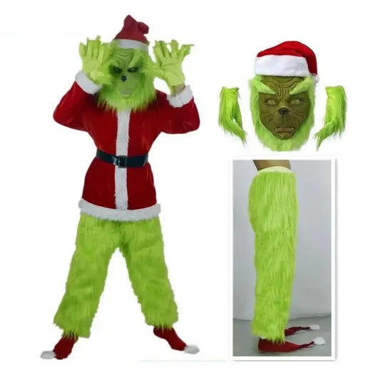 2024 New Christmas Costume Cosplay Clothes Dress Up Santa Claus Weird Green Haired Monster Grinch Party Performance Costume