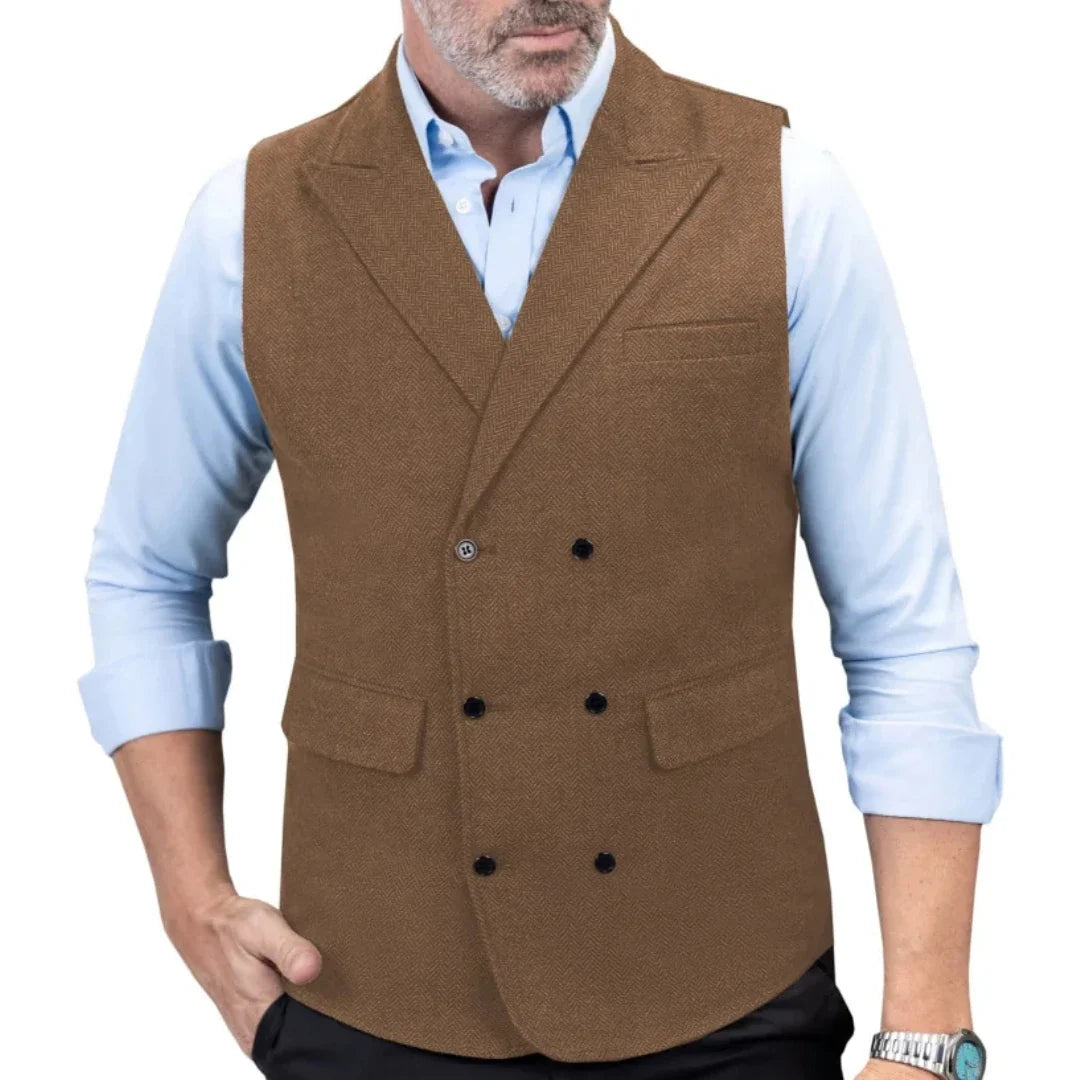 Men Vest Black Herringbone Double Button With Lapel Waistcoat For Wedding Birthday Banquet Office Business Work Men Suit Vest
