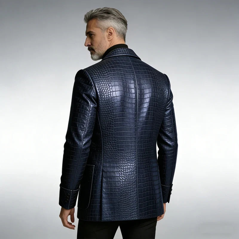 Men's Crocodile Pattern Leather Blazer 1 Button Shawl Collar Tuxedo Jacket Formal Business Wedding Coat Luxury Suit Outerwear