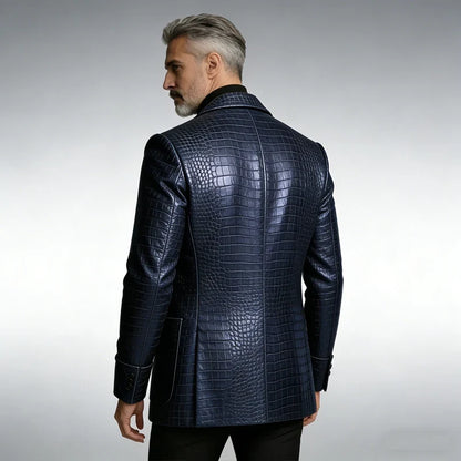 Men's Crocodile Pattern Leather Blazer 1 Button Shawl Collar Tuxedo Jacket Formal Business Wedding Coat Luxury Suit Outerwear