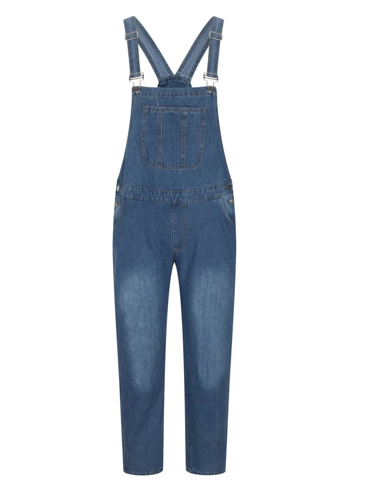 Overalls Jeans Men Ankle Length Jumpsuits Straight Pants Spliced One Piece Pockets Loose Vintage Wash Denim Casual Solid