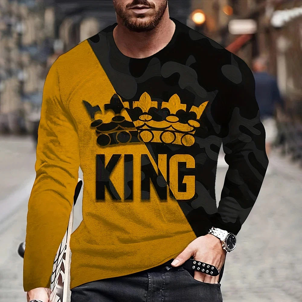 Vintage King King 3D Printed Summer Men's Round Neck T-Shirt Casual Long Sleeve Oversized T Shirt Fashion Pullover Menswear