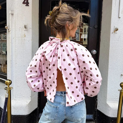 Elegant Women's Polka Dot Backless Bow Lace Up Blouses Loose Pleated Turtleneck Lantern Sleeve Shirts 2026 Spring Casual Tops