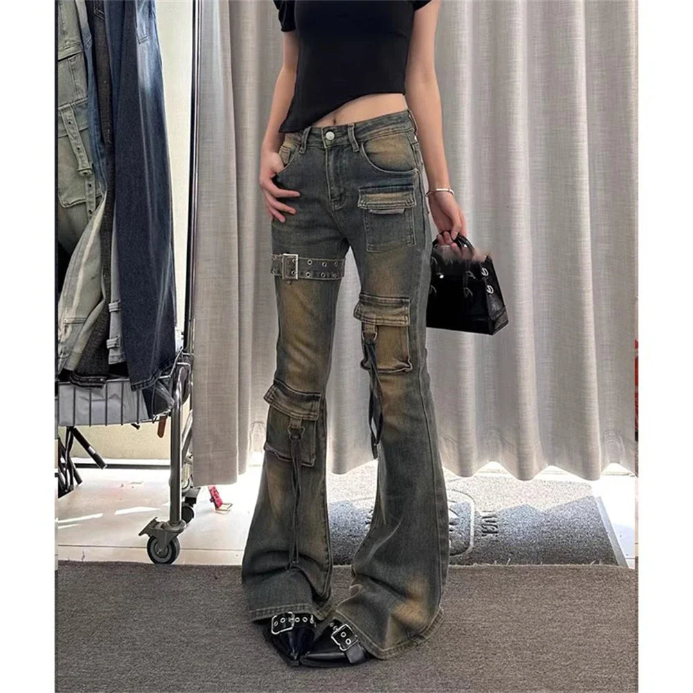 2025 Autumn Winter Women's Denim Pants High Waist Cargo Jean Goblin Core Kpop Bell Bottom Japanese Y2k Stretch 2000s Jeans Gyaru