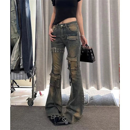 2025 Autumn Winter Women's Denim Pants High Waist Cargo Jean Goblin Core Kpop Bell Bottom Japanese Y2k Stretch 2000s Jeans Gyaru
