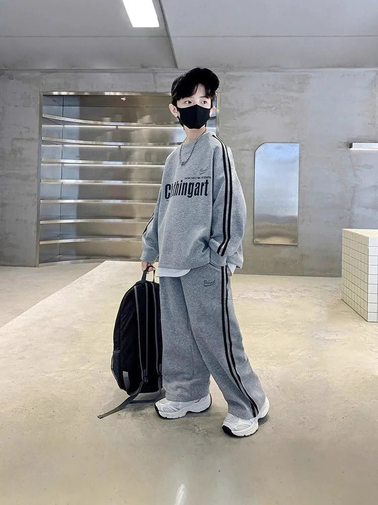 Spring Autumn Boys Loose Alphabet Pullover Sweatshirt+Sweatpant Work Set School Kid 2PCS Tracksuit Children Jogger Outfit 5-16Yr