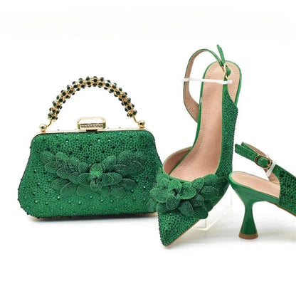 Luxury Italian Shoes and Bag Set for Women Wedding Pointed Toe Women's Pumps High Heel Rhinestones Party Ladies Shoe and Bag Set
