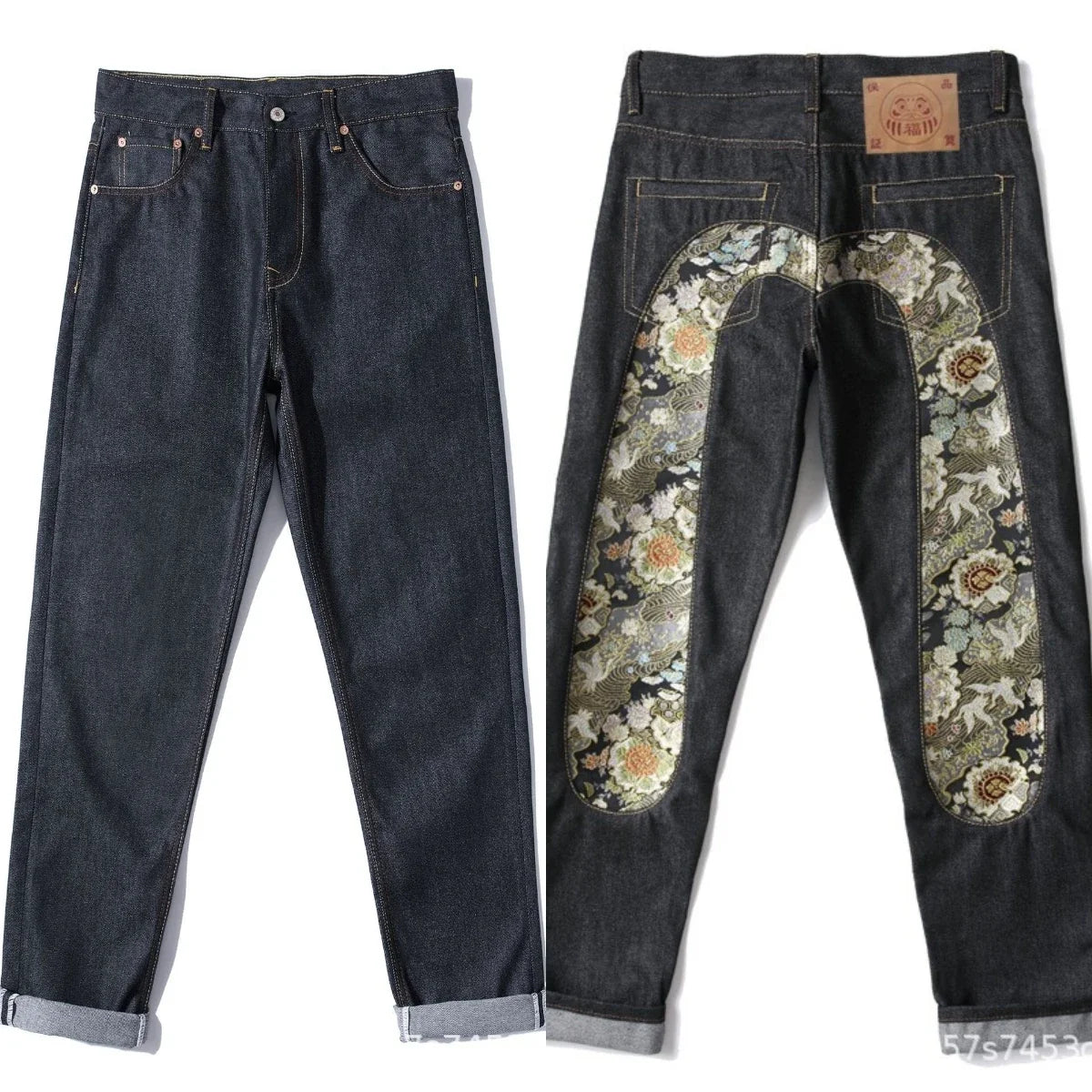 Men's Japanese Handmade Embroidered Jeans Pure Cotton Straight Tube Hip-Hop Popular Slim Red Ears Show Thin Trousers Devil Black