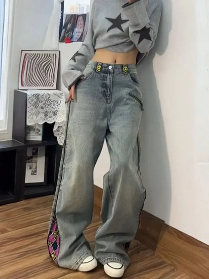 American Sle Zipper Plaid Printed Patchwork Loose Jeans For Men And Women Fashion High Waist Casual Vintage Straight Jeans