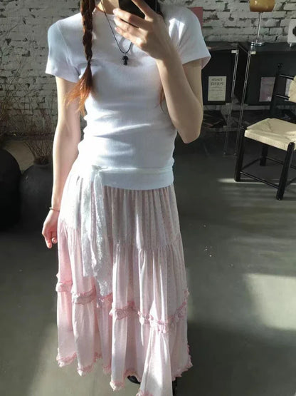 Summer Sweet Kawaii Polka Dot Skirt Women's Elegant Cute Elastic Waist Long Skirts Korean Fashion Casual Loose Clothing Chic New