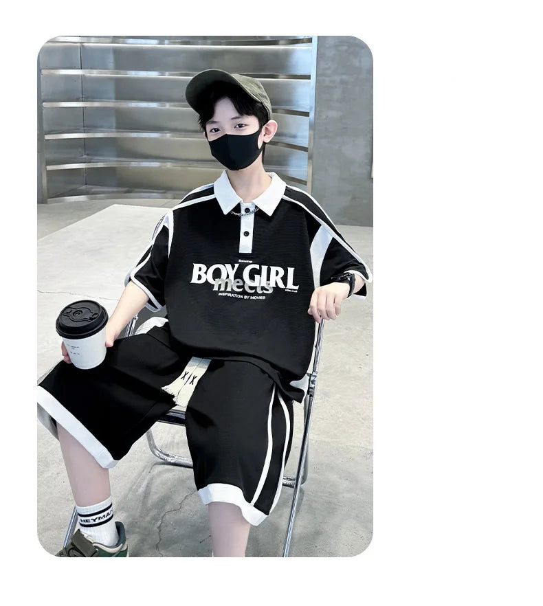 Summer Boys Patchwork Alphabet Preppy T-Shirt Tops+Drawstring Shorts Pant Set School Kids 2PCS Tracksuit Children Outfits 5-16Yr