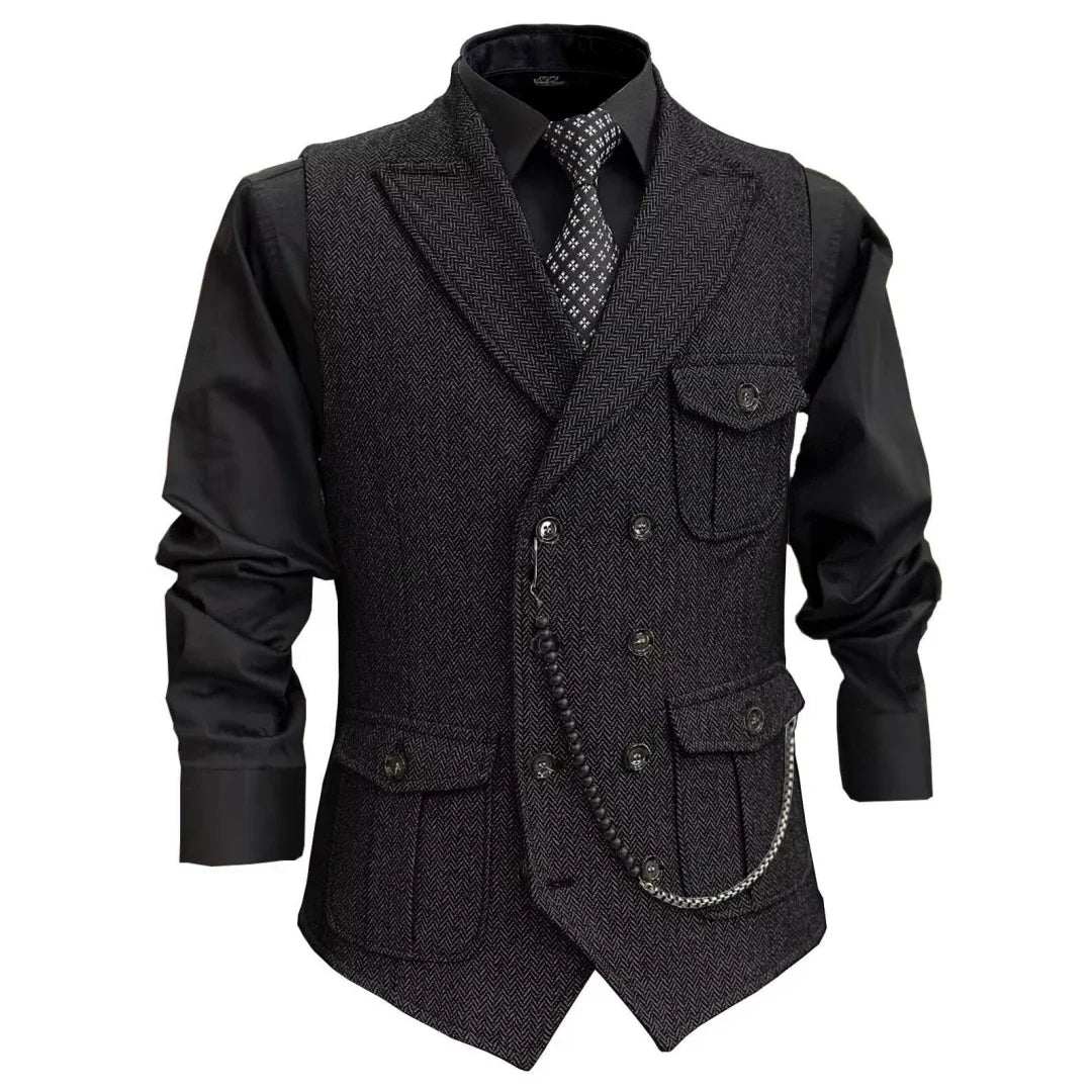 Men Vest GrayHerringbone Double Button With Pocket Waistcoat For Wedding Party Banquet Business Casual Daily Work Men Suit Vest