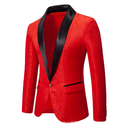 Men's Red Long-sleeved Suit Jacket, Black Collar Single-button Formal Coat, Available in Blue, Purple, Green, and White Blazers