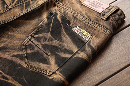 2026 Men's Fashion Vintage Jeans Slim Straight Leg Tie Dye Pleated Biker Denim Pants Male Casual Pants Oversized 42 High Quality