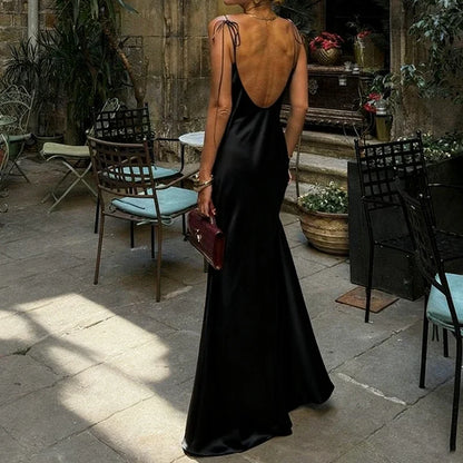 Women's Satin Champagne Dress Sleeveless Sexy Backless Evening Dresses Guest Elegant Bridesmaid Long Evening Gown