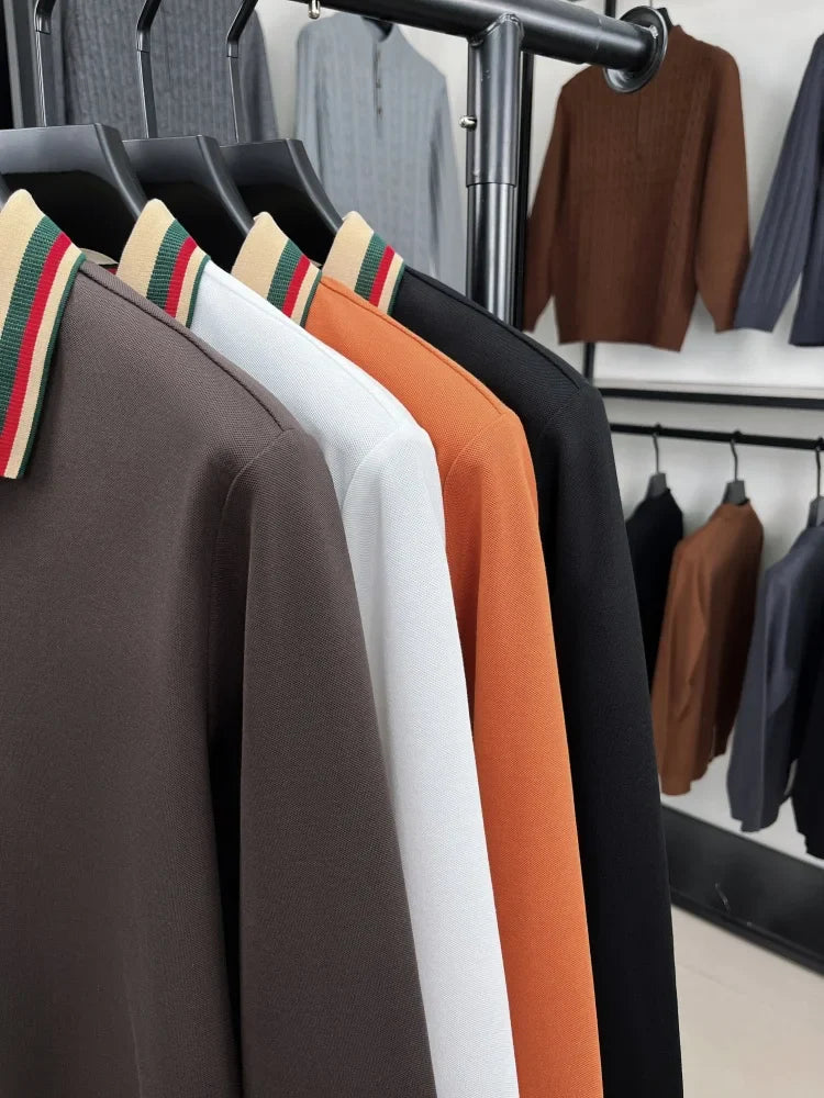 High end men's long sleeved polo shirt autumn fashion brand bee embroidery new business and casual color blocked lapel T-shirt