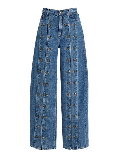 Spring Autumn Womens Stylish Button Jeans Pants 2025 New Vintage Denim Long Trousers Woman Fall Bottoms Clothes