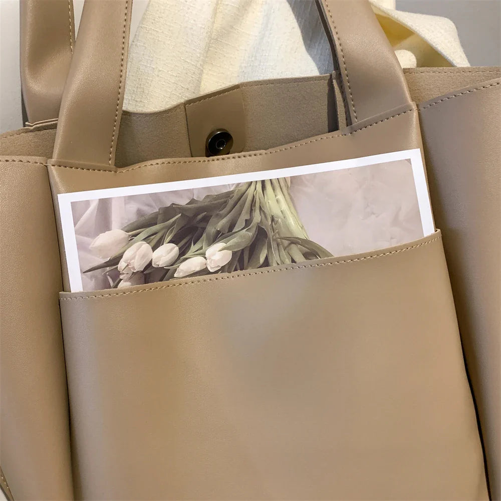 High Quality Soft Leather Woman Casual Tote Shopper Solid Color Handbags Large Capacity Single Shoulder Bag with Outer Pocket