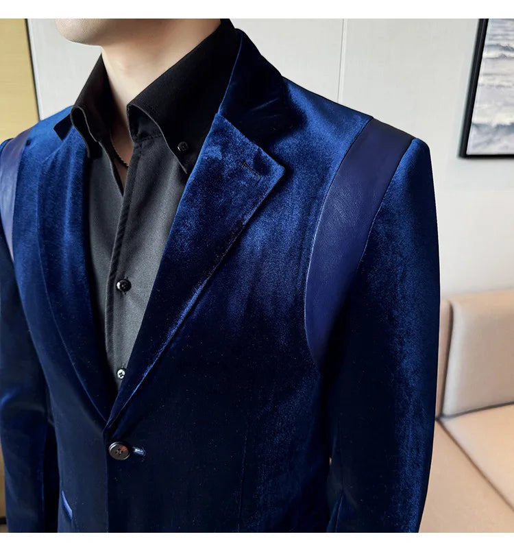 Leather Splicing Mercerized Velvet Suit Jacket 2025 Autumn New Men's High-end Business Slim Fit Fashion Party Tailcoat 4XL-M