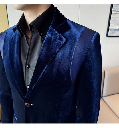 Leather Splicing Mercerized Velvet Suit Jacket 2025 Autumn New Men's High-end Business Slim Fit Fashion Party Tailcoat 4XL-M