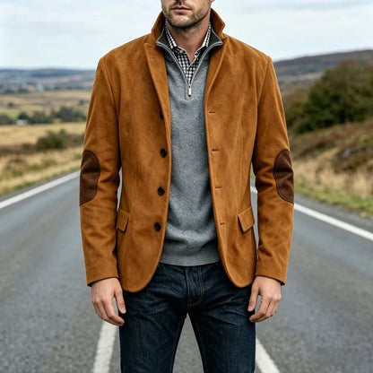 Vintage Men's Suede Blazer Notch Lapel Elbow Patches Slim Fit Jacket Business Casual Men Fashion Outerwear for Spring Autumn