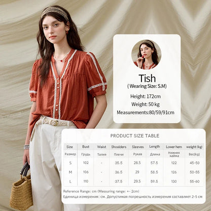 French New Blouses Women Summer New 2025 Short Sleeve V-neck Color Matching Shirts Female Fashion Lazy Style MXE31X1766