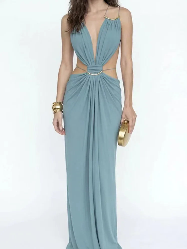 Sexy Halter Strap Long Dress Deep V Pleated Waist Recessed Backless Slim Fit Robe 2026 Summer Vacation Seaside Elegant Lady Gown