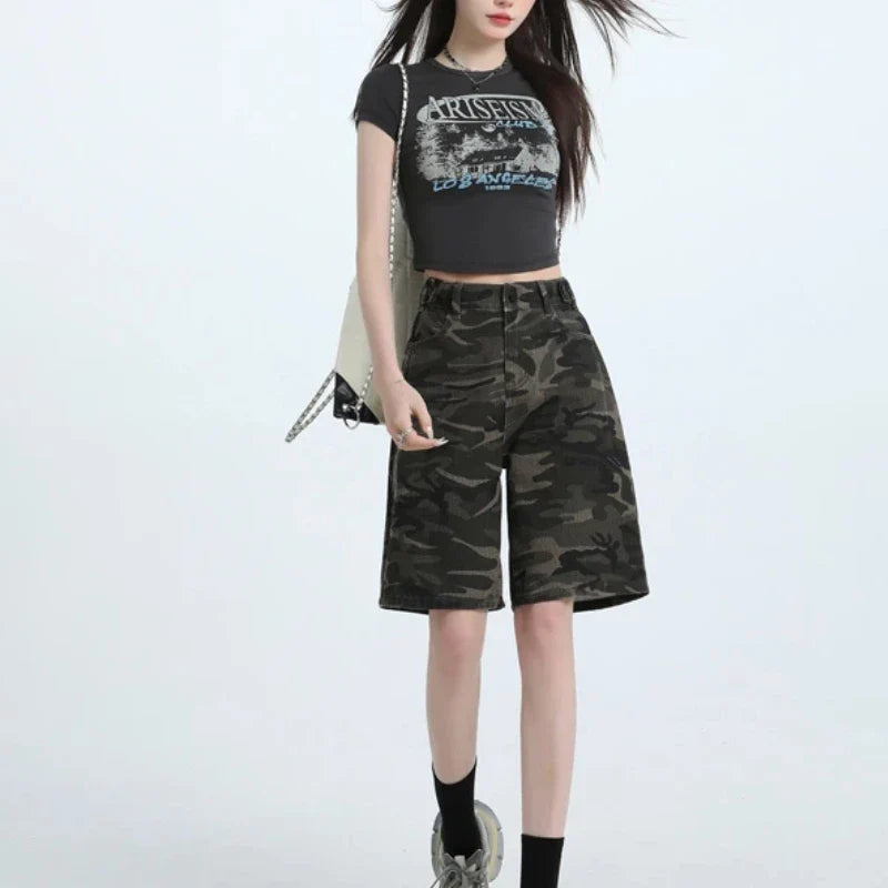 Women's High Waist Loose Straight Leg Camouflage Denim Shorts Korean Y2K Spring Summer Streetwear Five-Point Jeans