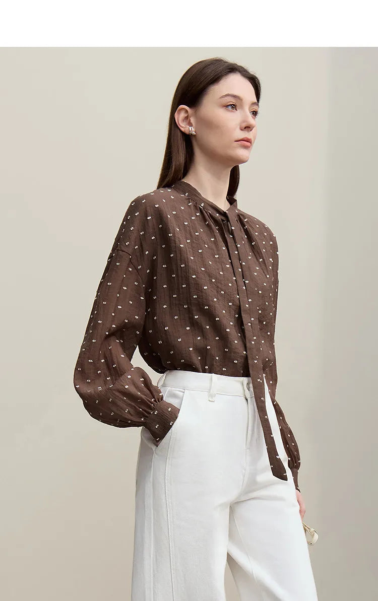 Women's Shirt 2026 Autumn New Polka Dot Chiffon Shirt Multi-Way Ribbon Women's Oversized Drop Shoulder Casual Tops 12641098