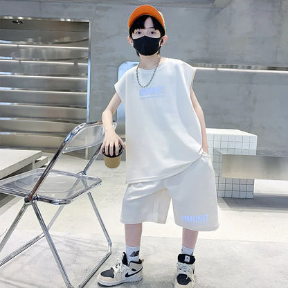 Kids New Summer Tracksuit for Boy Cotton Tank Top Set Children Wing Reflective Clothing Set Shorts and Vest 2 Pieces Outfit 5-14