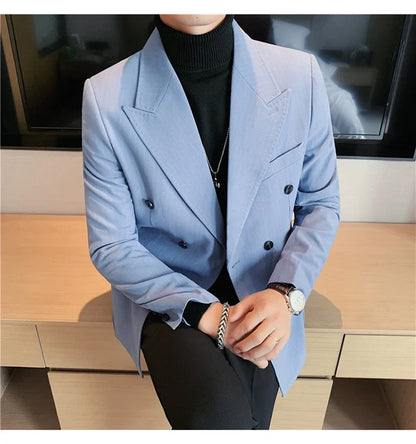 Classic Luxury Striped Men Suit Jacket Fashion Double Breasted Business Office Wedding Tuxedos Male High Quality Slim Fit Blazer