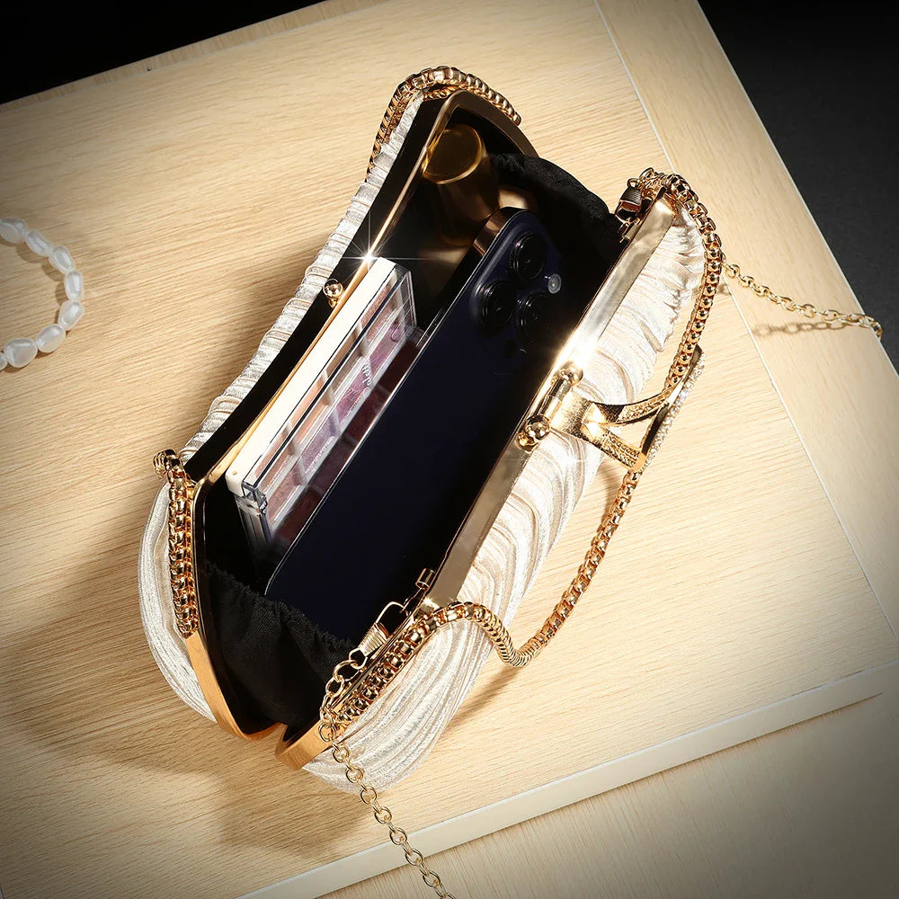 New European and American diamond-encrusted elegant pleated evening bag women's fashionable single-shoulder bag party chain h