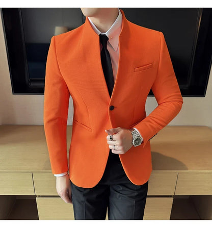New Waffle Chinese Stand-Up Collar Blazers Men Slim Fit Business Casual Fashion Suits Jacket Formal Social Prom Party Tuxedos