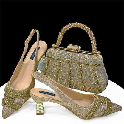 Nigerian Heel Party for Women Shoes and Bag Set Champagne Colour Rhinestone Handbag Italian Design Wedding INS 2024