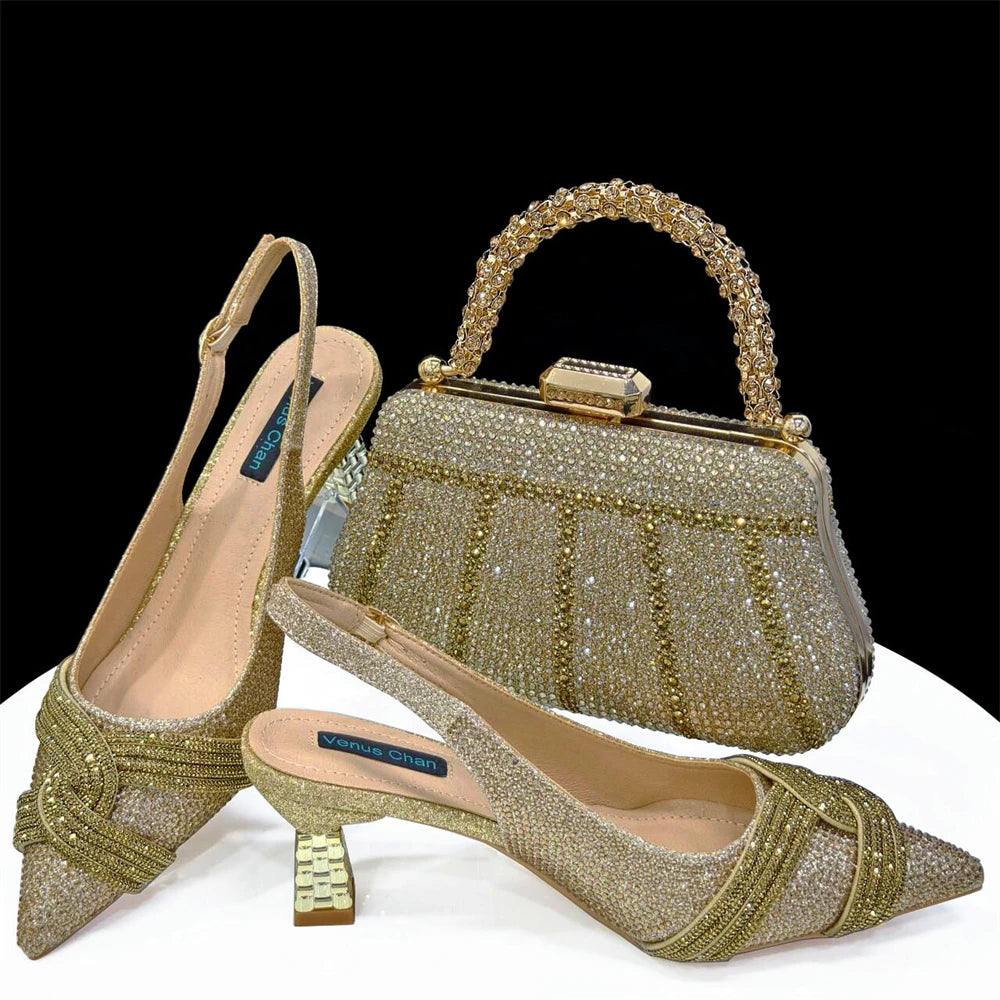 Black Hollow Design With Pointed Shoes And Fashion Three-Dimensional Bag Cozy Rhinestones Are Suitable For Parties