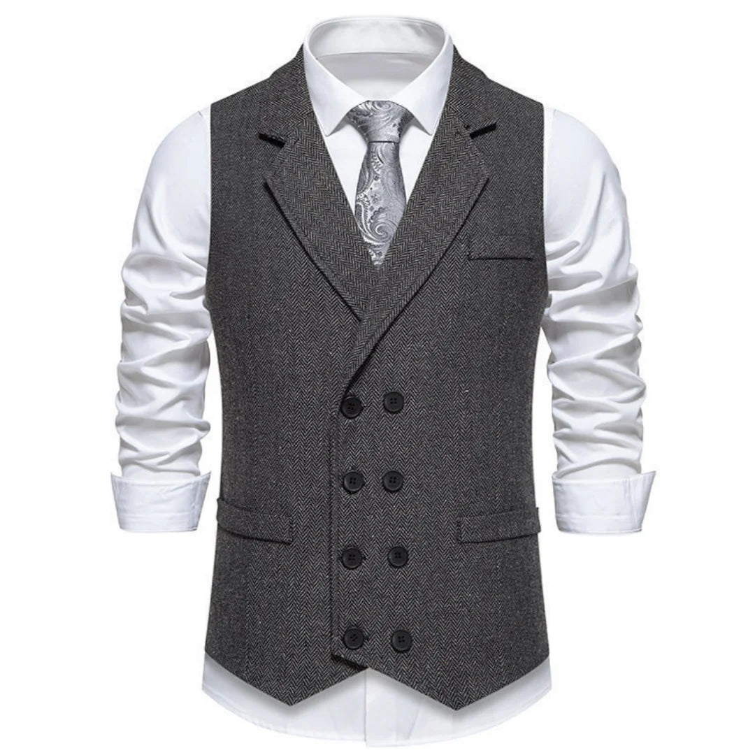 Men Vest Gray Herringbone Double Button With Lapel Waistcoat For Wedding Groom Business Banquet Office Work Men Suit Vest